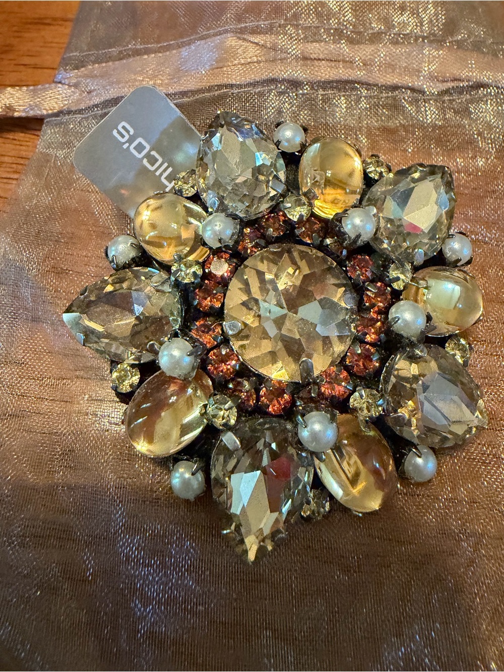 Chico's Amber and Champagne Crystal Floral Brooch